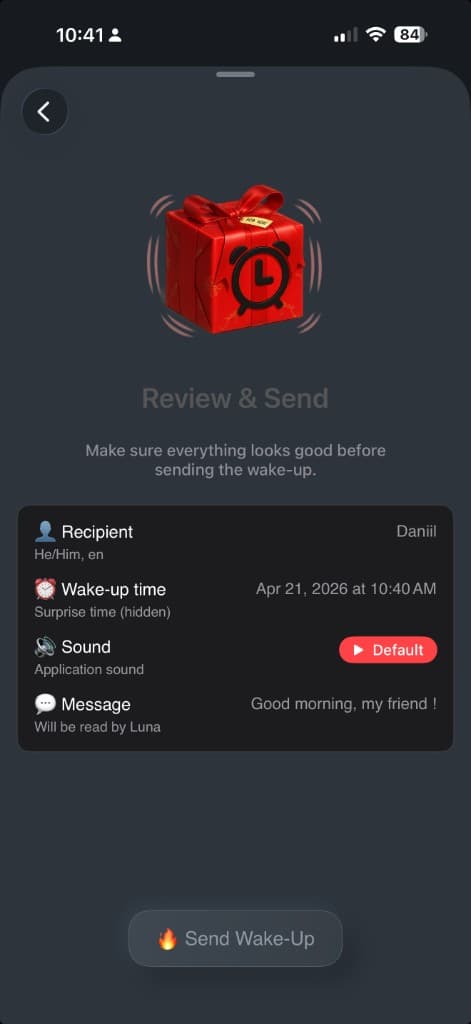 Wake a Friend review screen